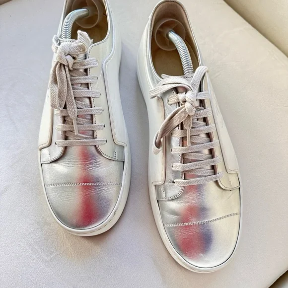 Authentic Chanel CC Sneakers White And Metallic Grey Shoes EuSize 42 US 9